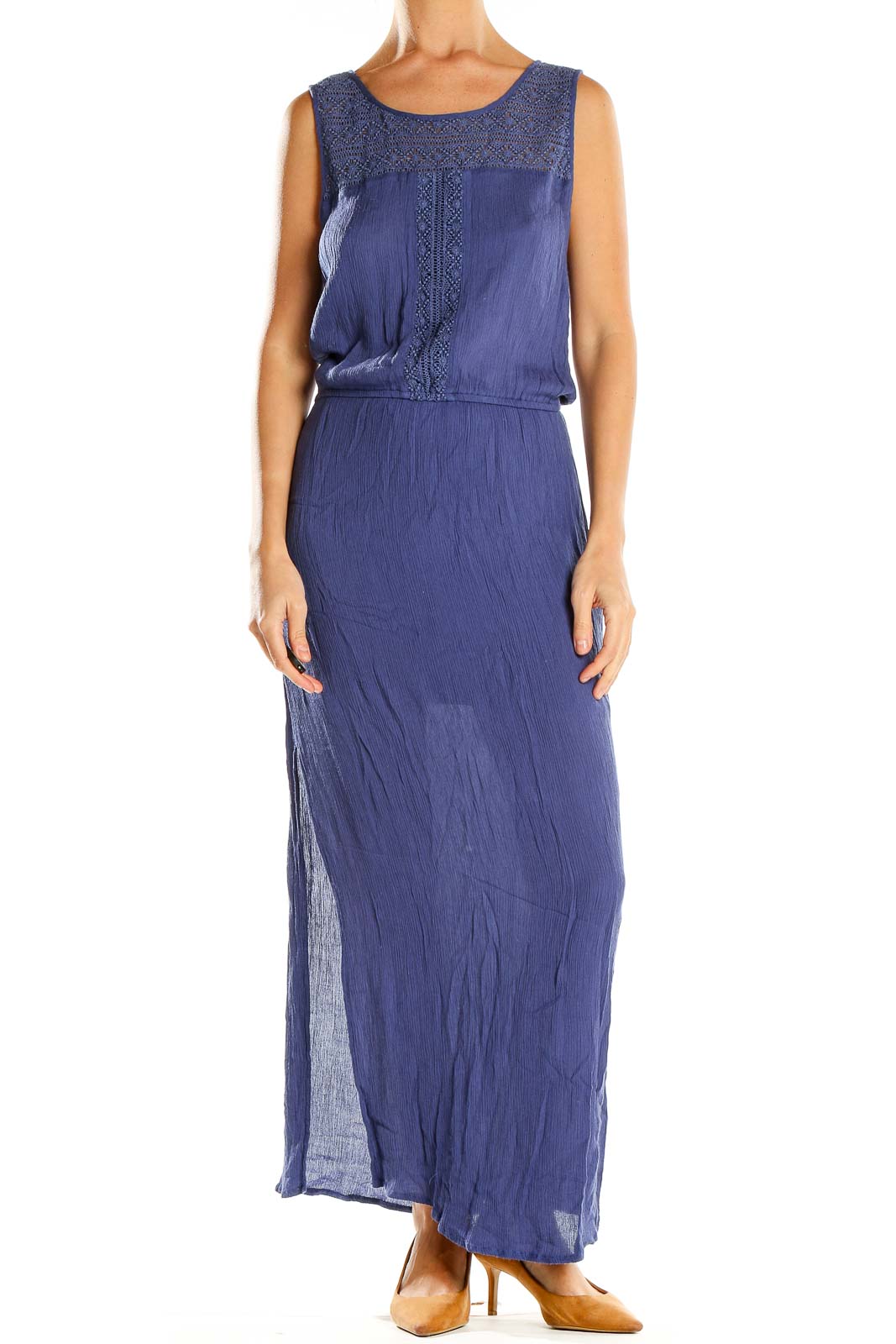 Front view of blue Hinge maxi dress with lace trim