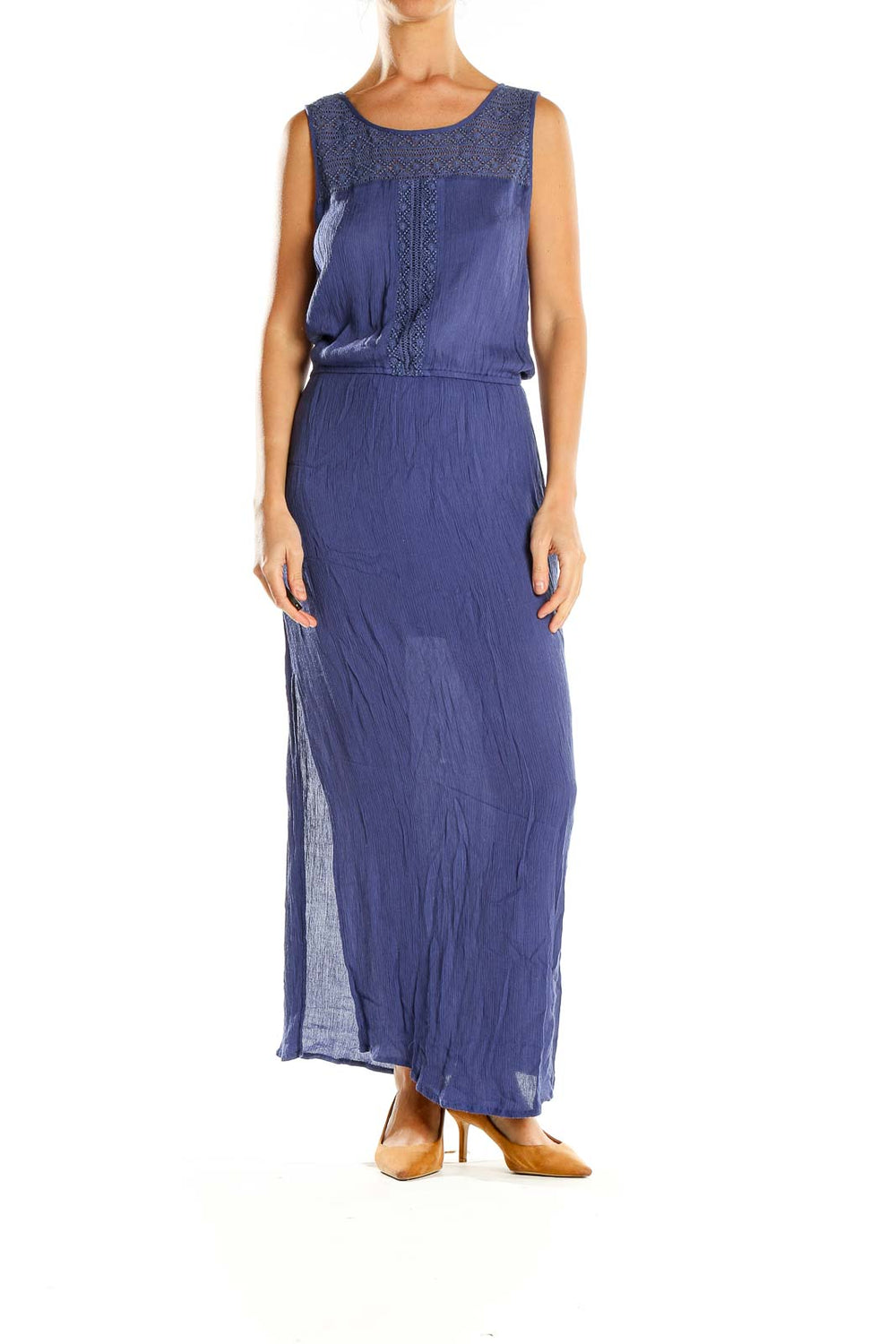 Front view of blue Hinge maxi dress with lace trim