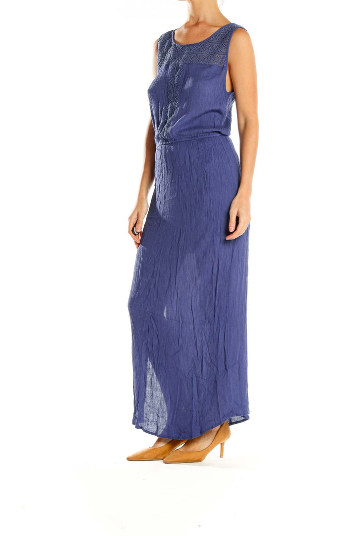 Front view of blue Hinge maxi dress with lace trim