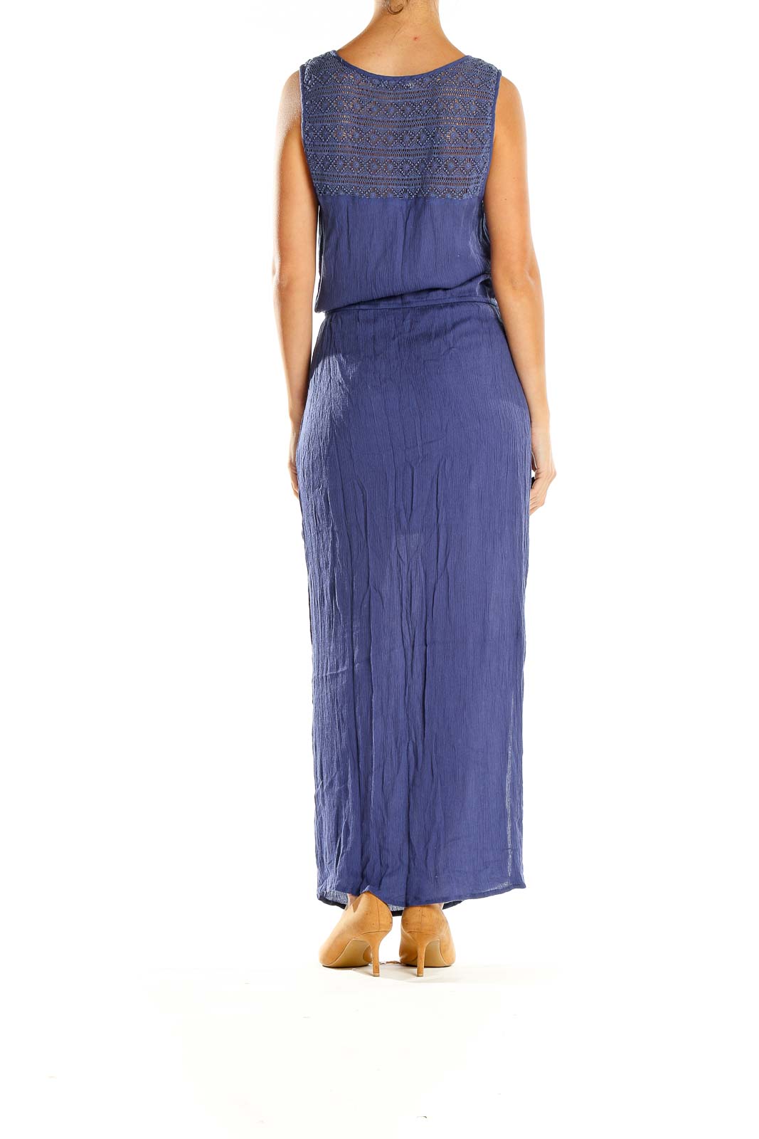 Side view of blue Hinge maxi dress showing full length