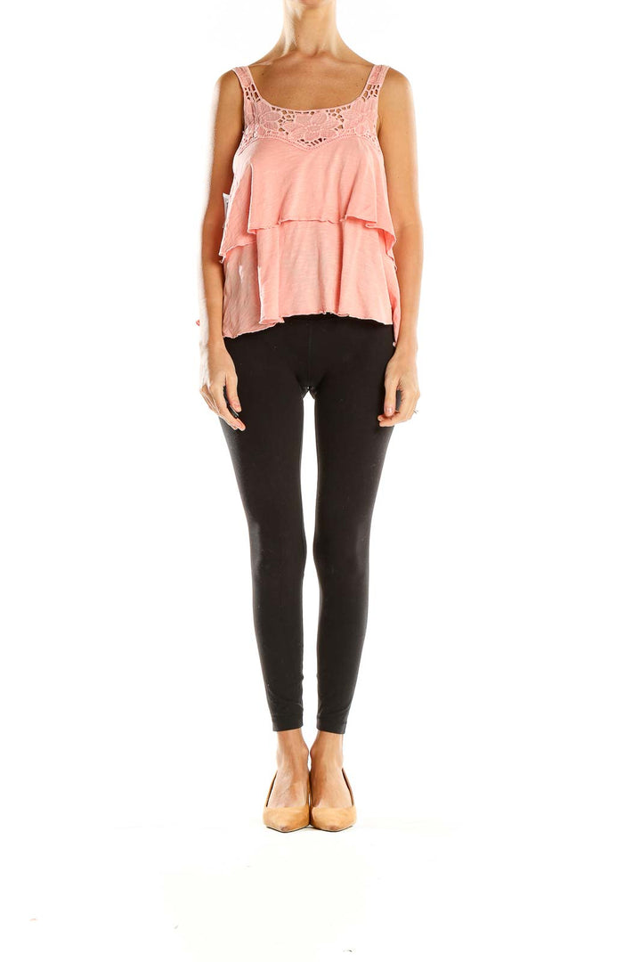 Front view of pink lace-trimmed tiered tank top by Kimchi Blue