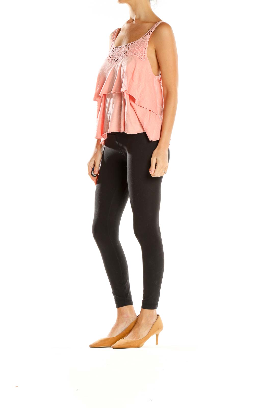 Front view of pink lace-trimmed tiered tank top by Kimchi Blue