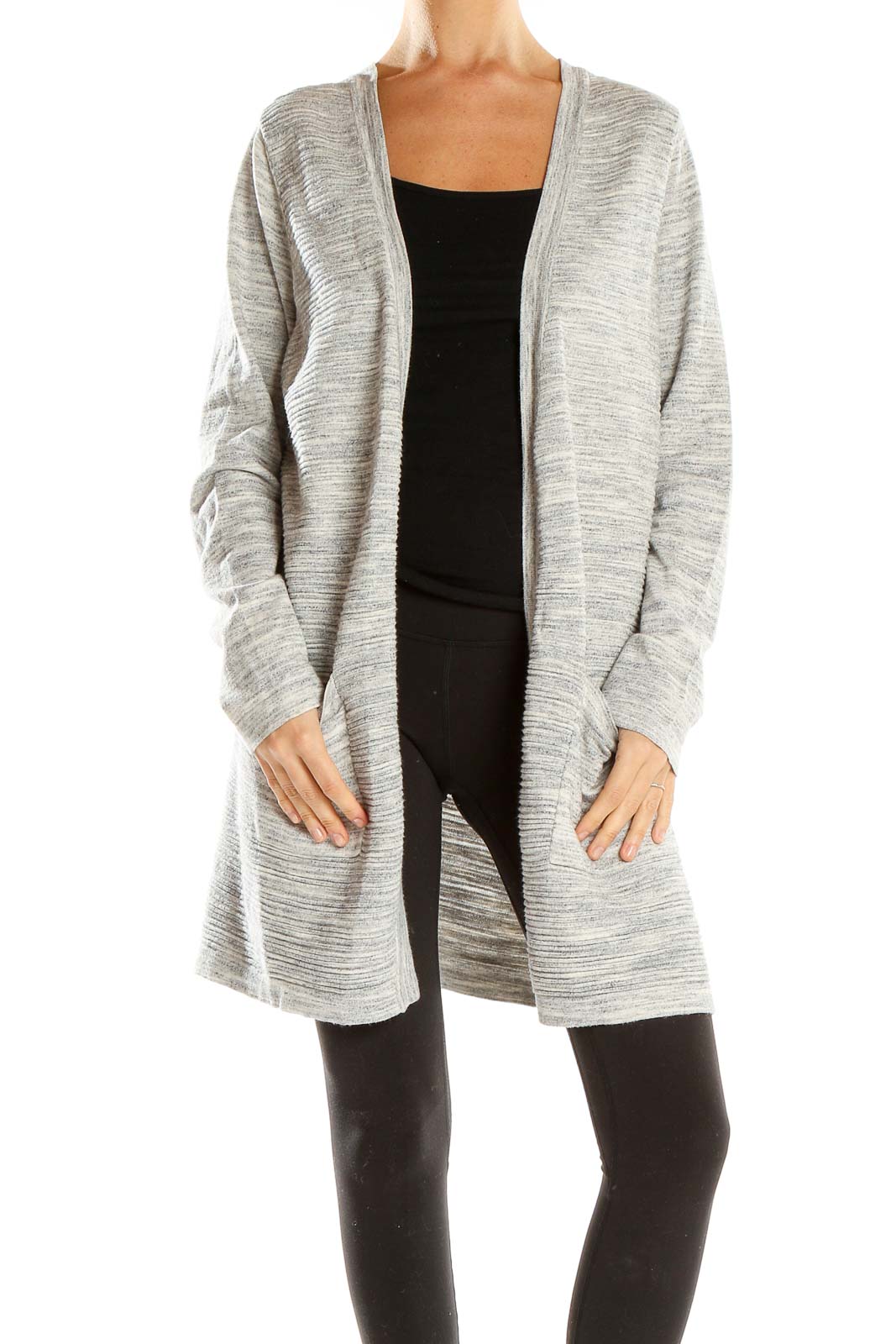 Front view of Tribal gray long open front cardigan on model