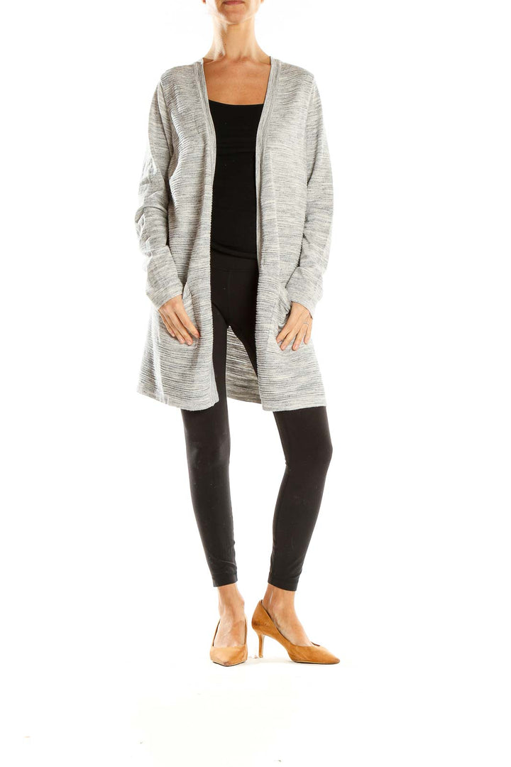 Front view of Tribal gray long open front cardigan on model