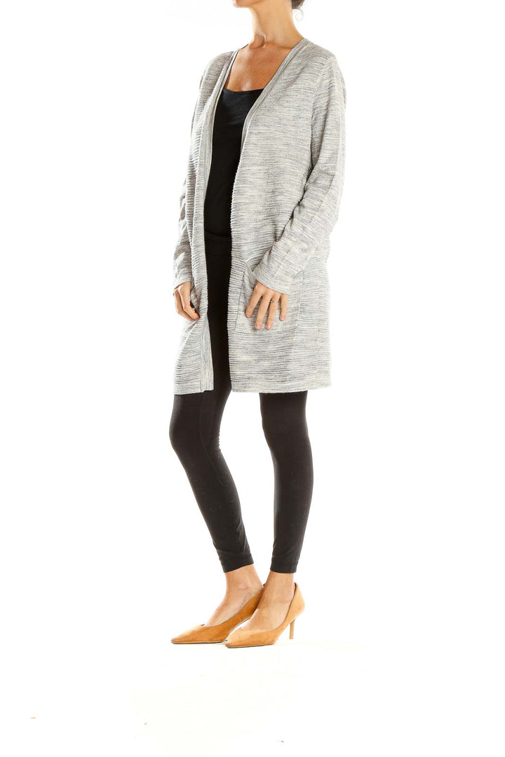 Front view of Tribal gray long open front cardigan on model