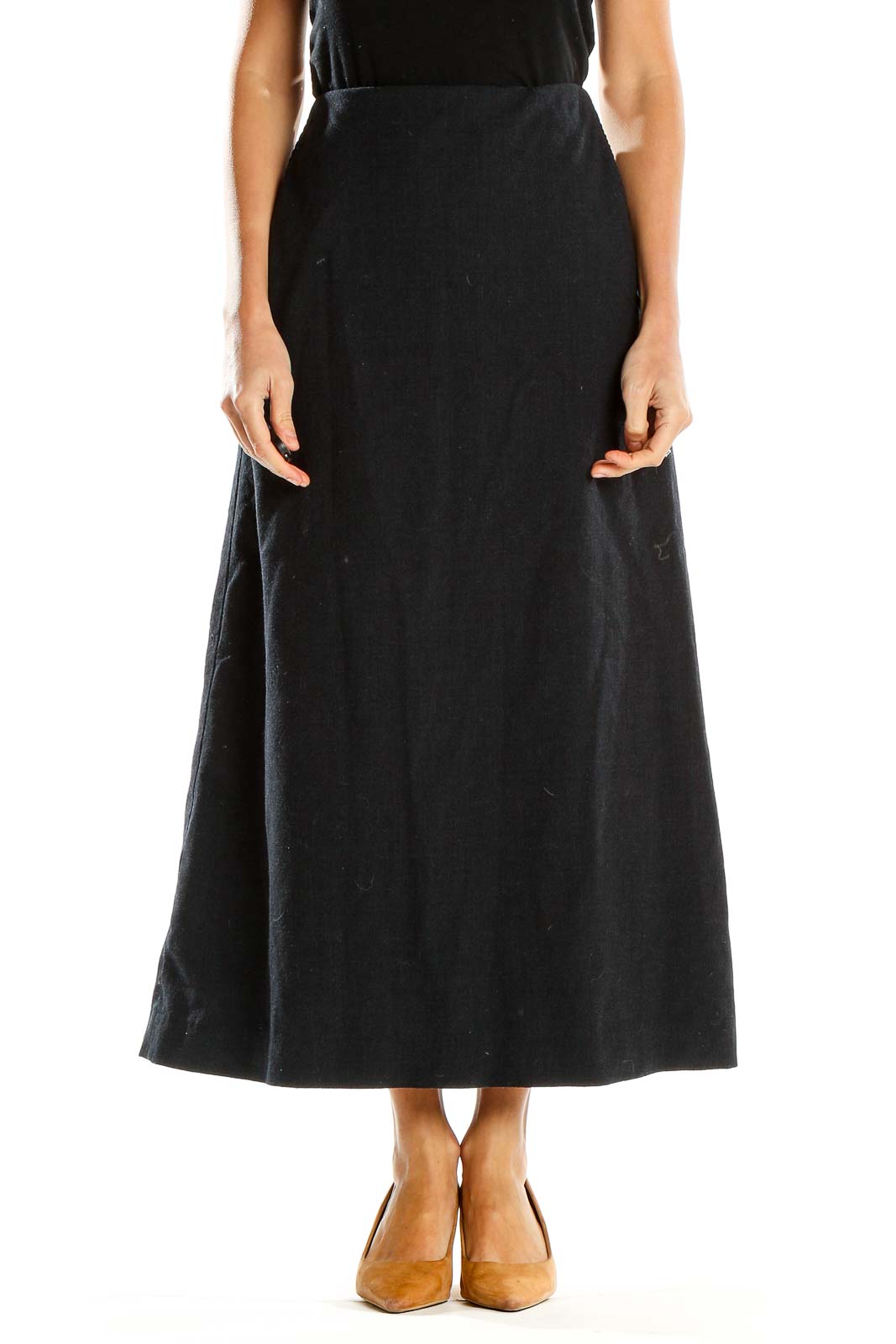 Front view of Banana Republic black A-line midi skirt on model