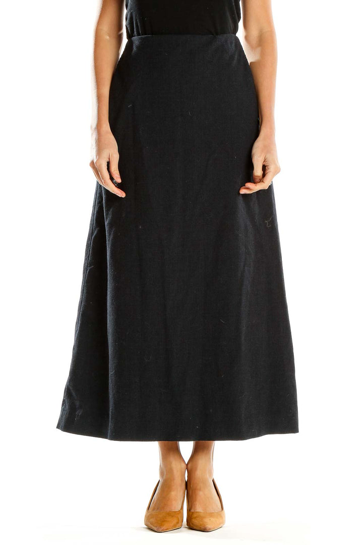 Front view of Banana Republic black A-line midi skirt on model