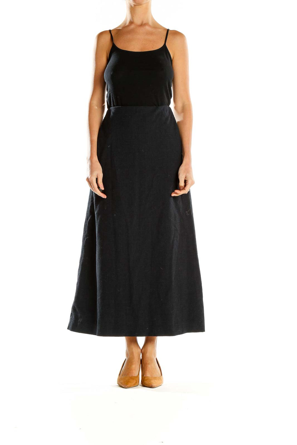 Front view of Banana Republic black A-line midi skirt on model