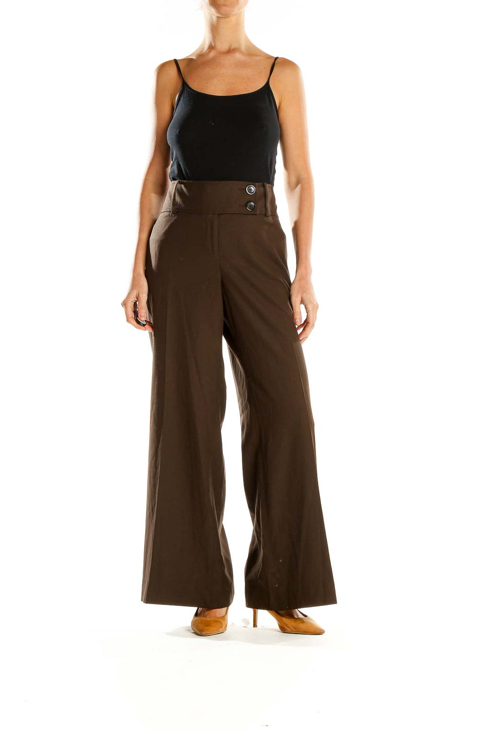 Front view of Ann Taylor brown wide-leg trousers with high waist