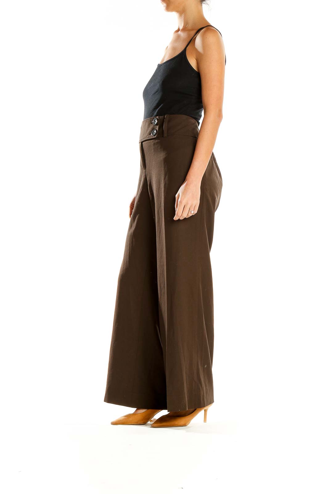 Front view of Ann Taylor brown wide-leg trousers with high waist