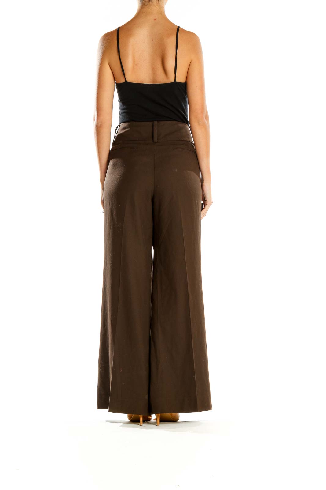 Side view of Ann Taylor brown wide-leg trousers on model