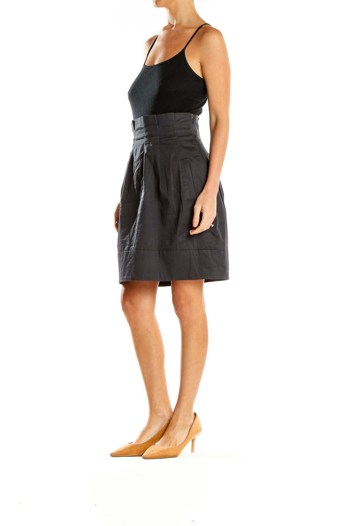 Front view of BCBG MaxAzria black pleated high-waist midi skirt