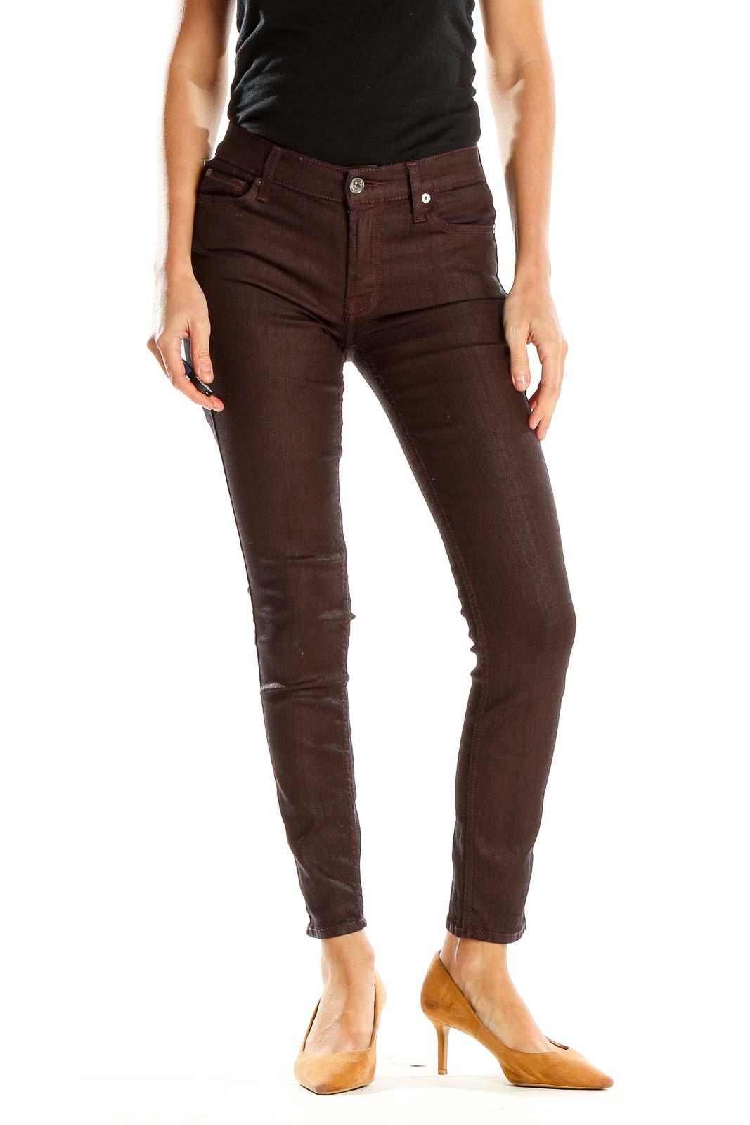 Front view of 7 For All Mankind brown skinny jeans on model