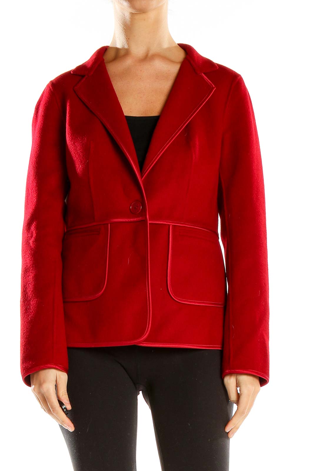 Front view of red Talbots blazer jacket with single-button closure