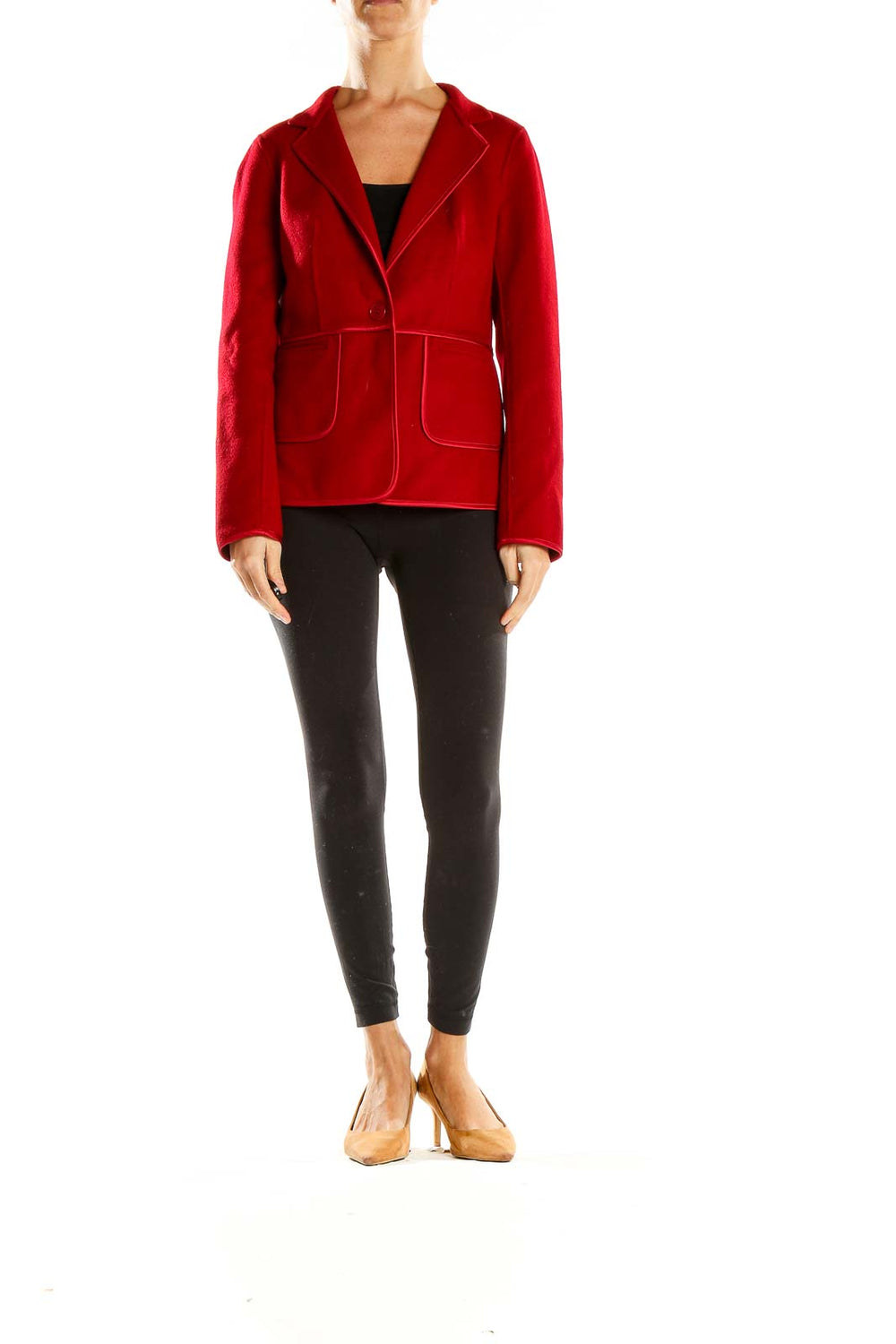Front view of red Talbots blazer jacket with single-button closure