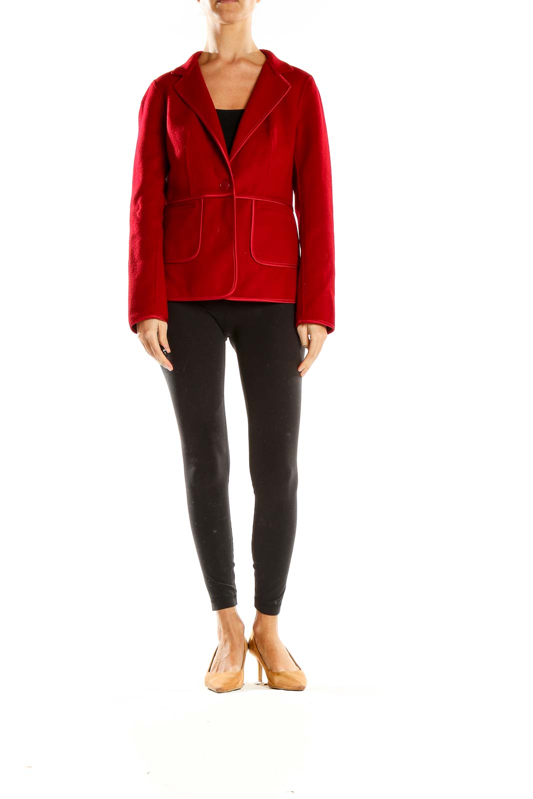 Front view of red Talbots blazer jacket with single-button closure