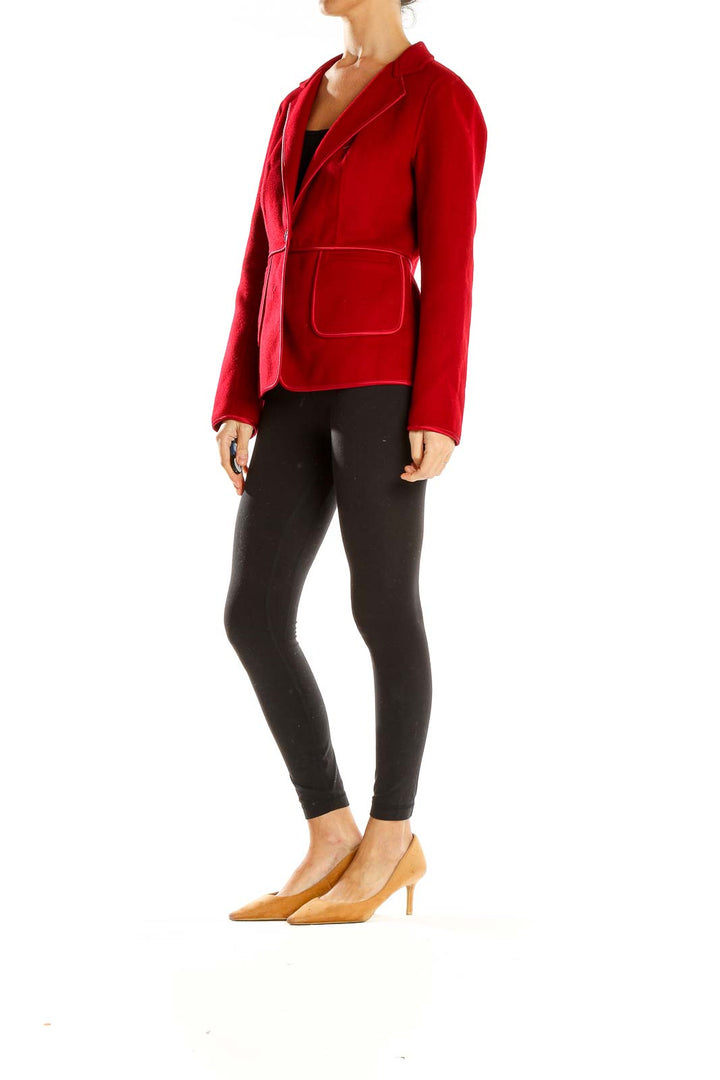 Front view of red Talbots blazer jacket with single-button closure