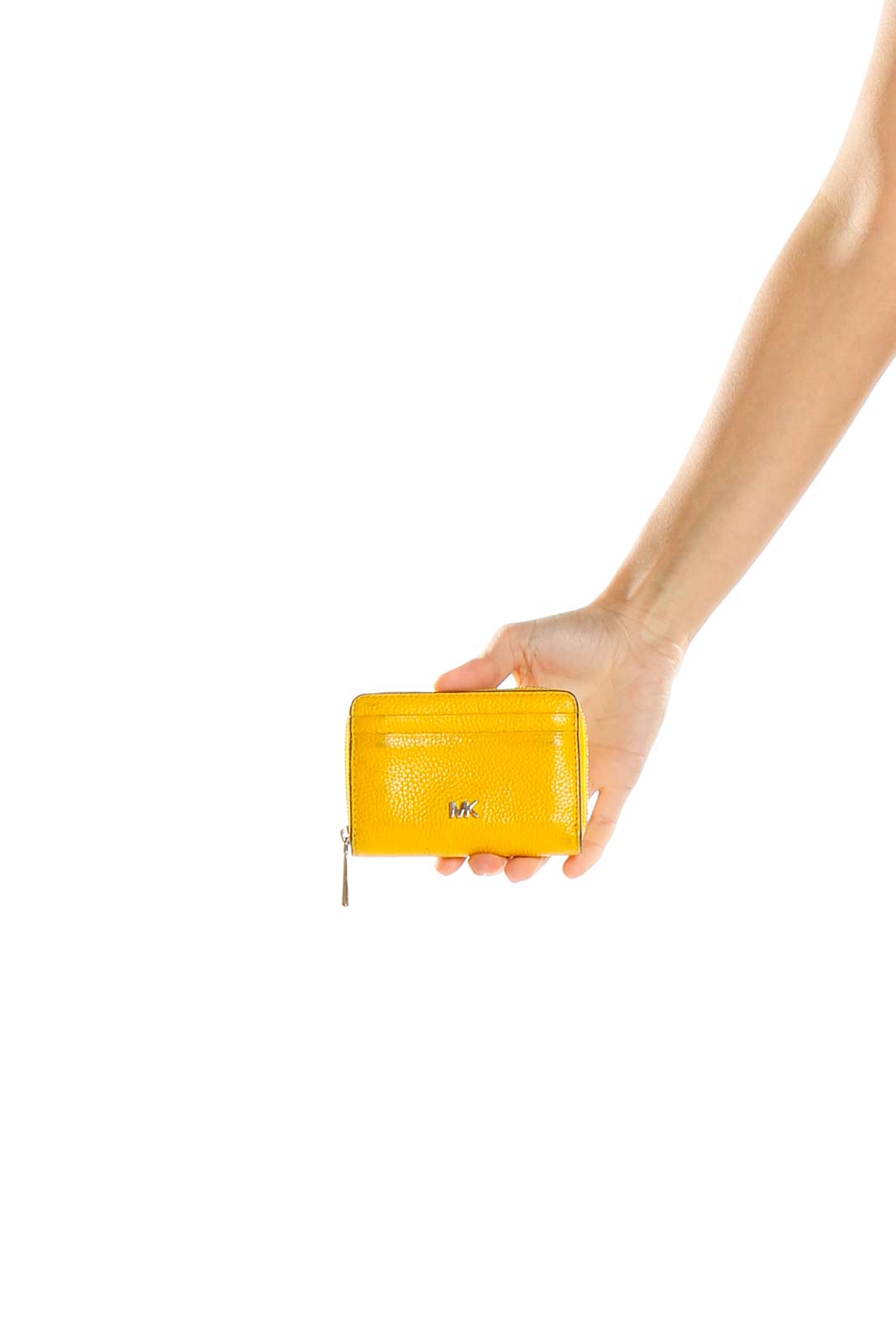 Front view of yellow Michael Kors leather card holder with zip-around closure