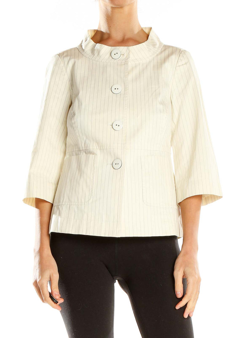 Front view of Semantiks cream pinstriped jacket with stand-up collar