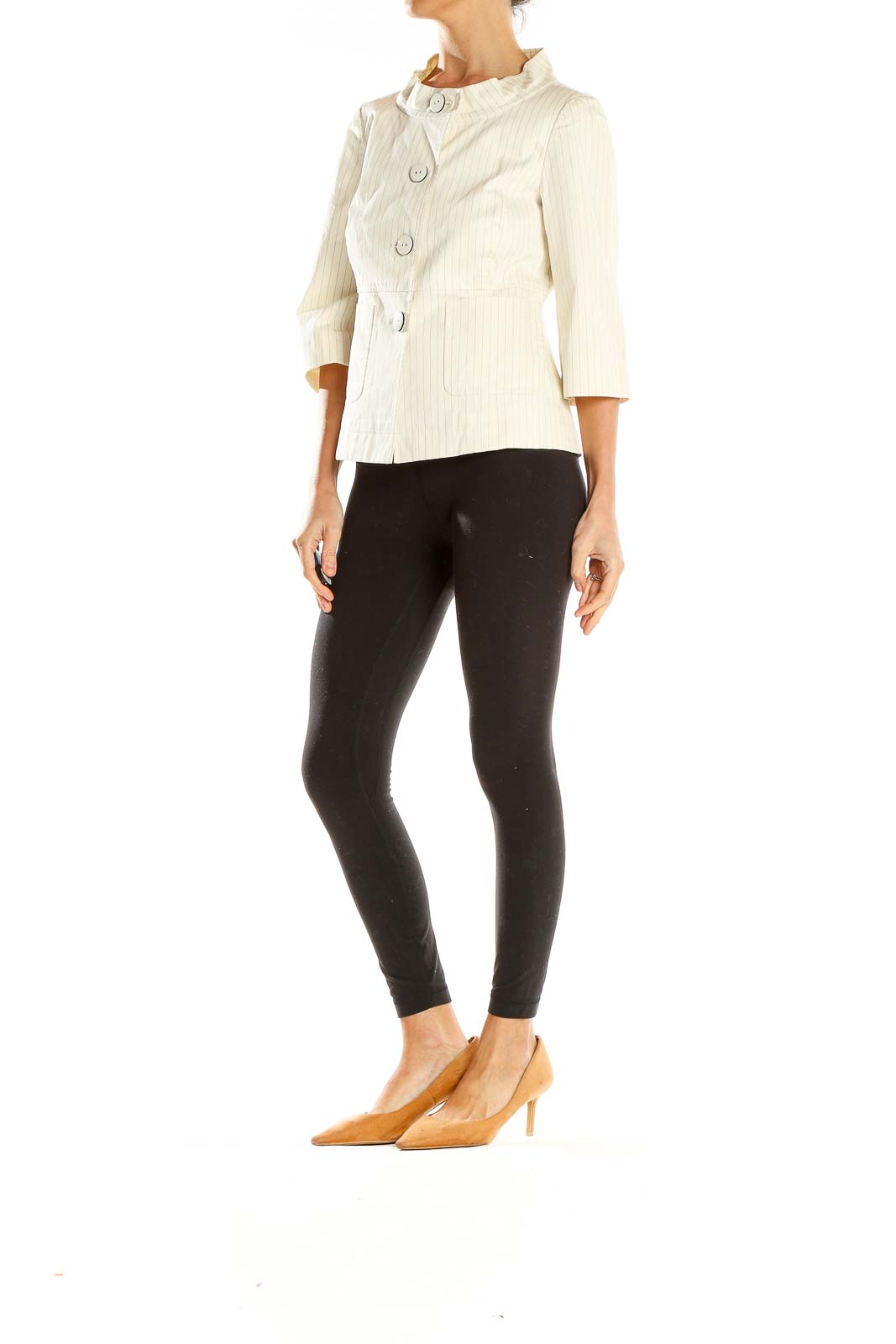 Front view of Semantiks cream pinstriped jacket with stand-up collar