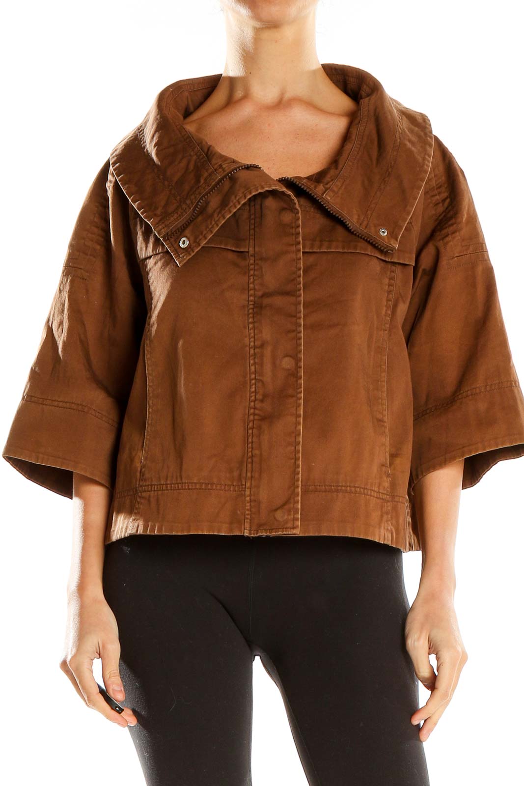 Front view of Carole Little brown cropped jacket with wide collar