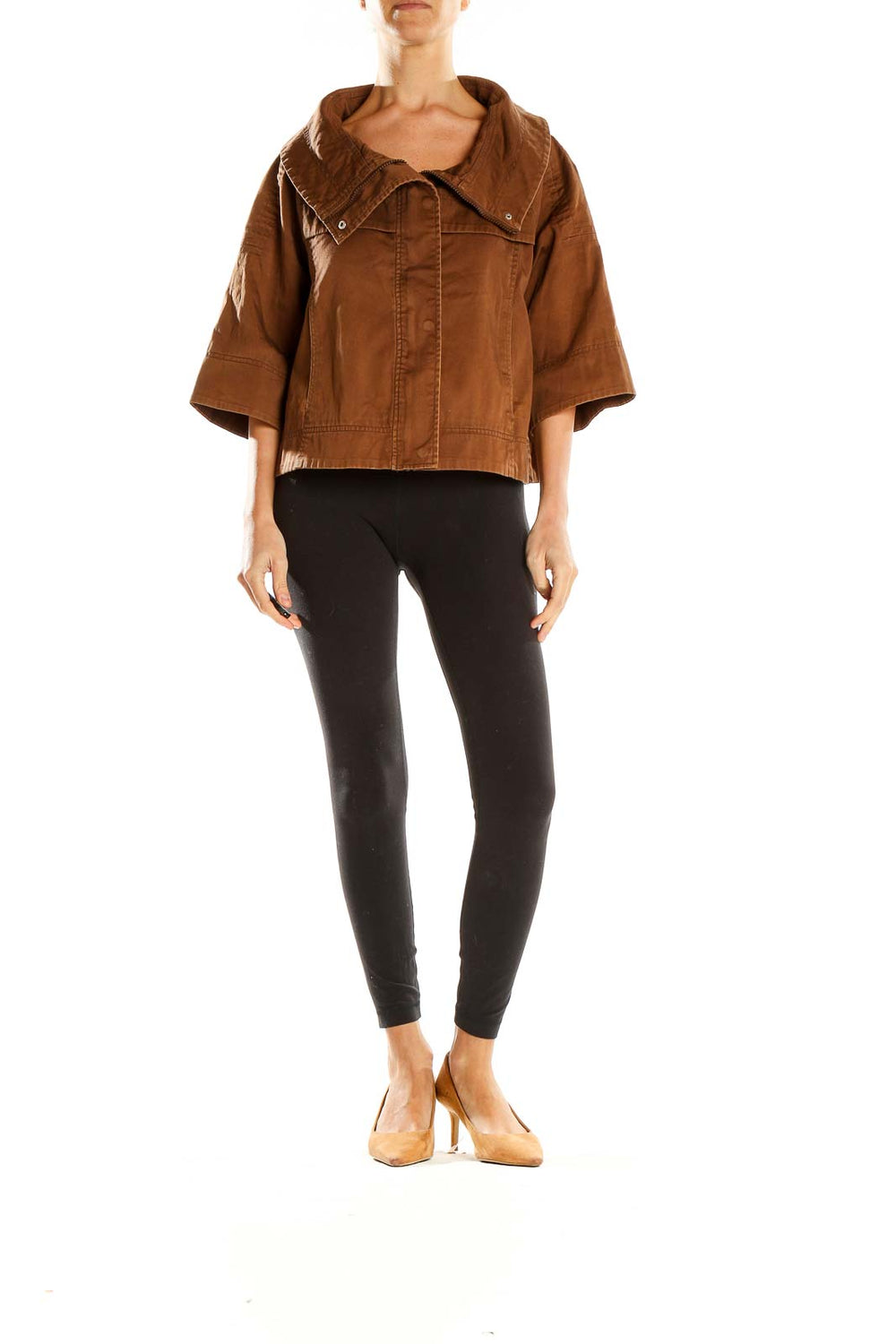 Front view of Carole Little brown cropped jacket with wide collar