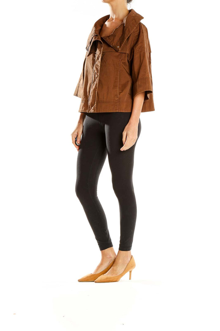 Front view of Carole Little brown cropped jacket with wide collar