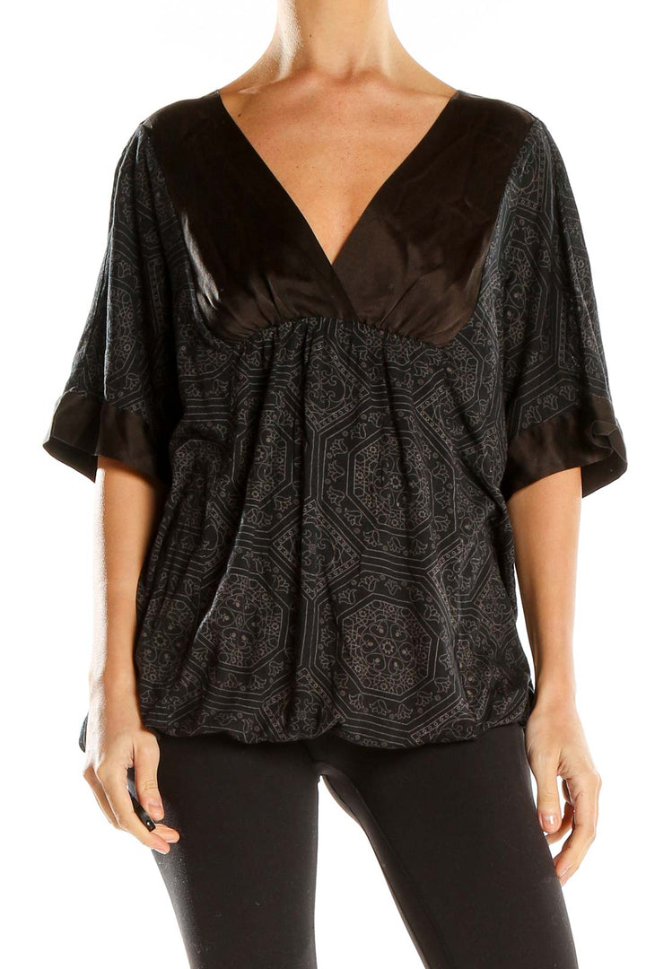 Front view of Ella Moss Black Geometric Print Empire Waist Top with V-neck