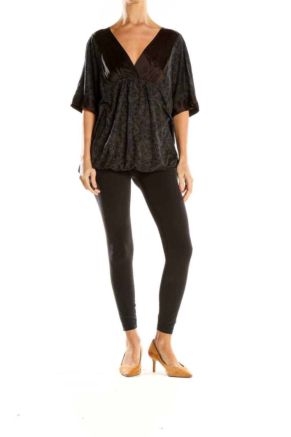 Front view of Ella Moss Black Geometric Print Empire Waist Top with V-neck