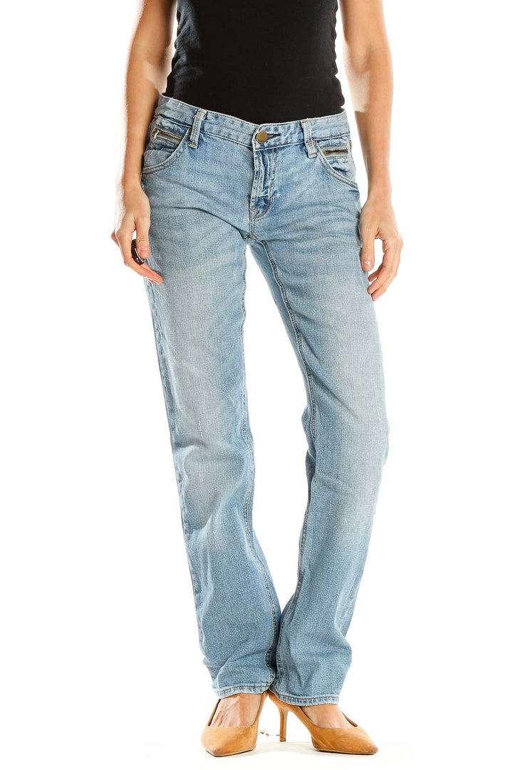 Front view of Gap light blue straight leg jeans on model