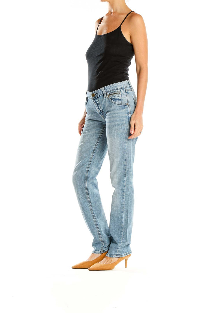 Front view of Gap light blue straight leg jeans on model