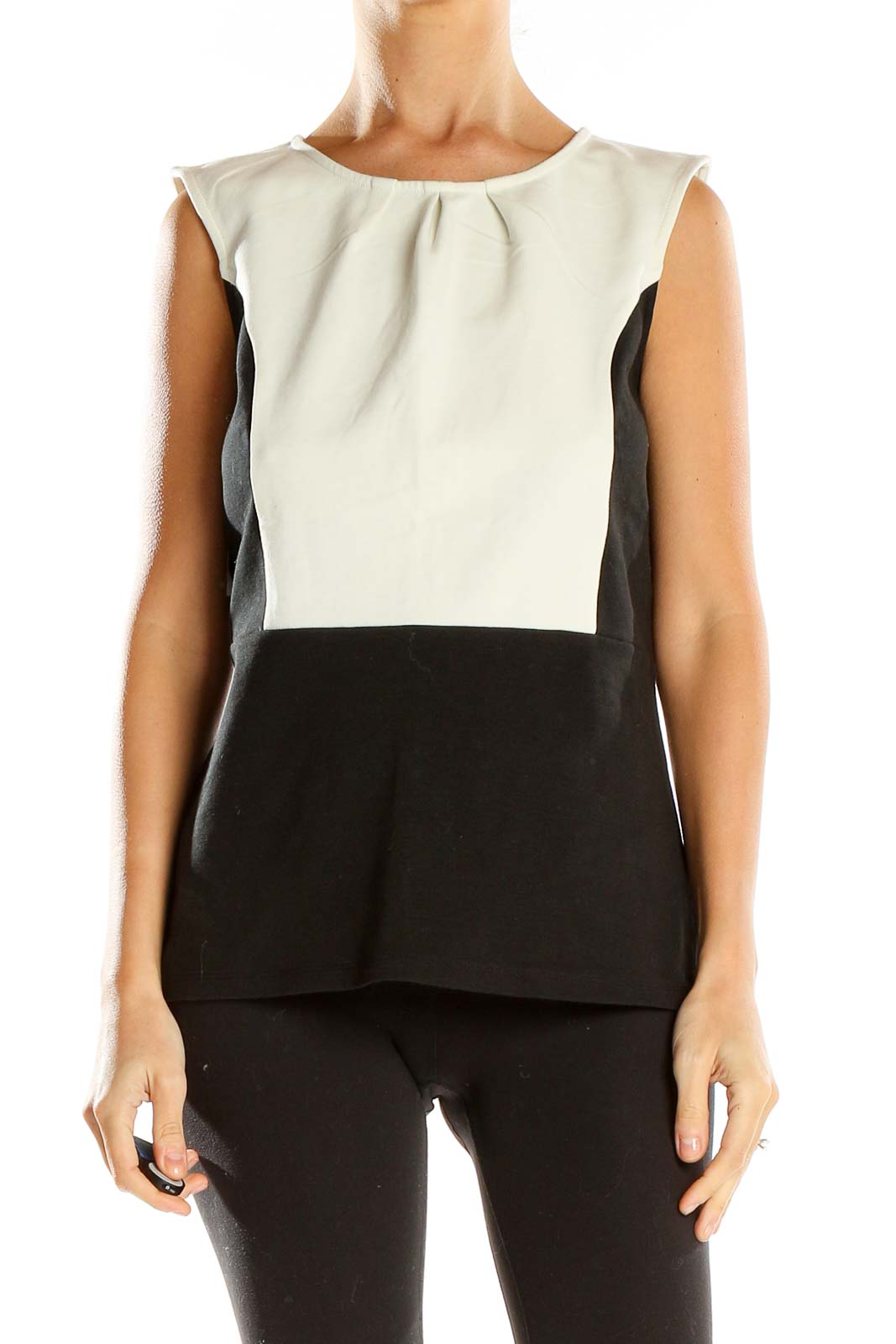 Front view of Ann Taylor black and white color block sleeveless top