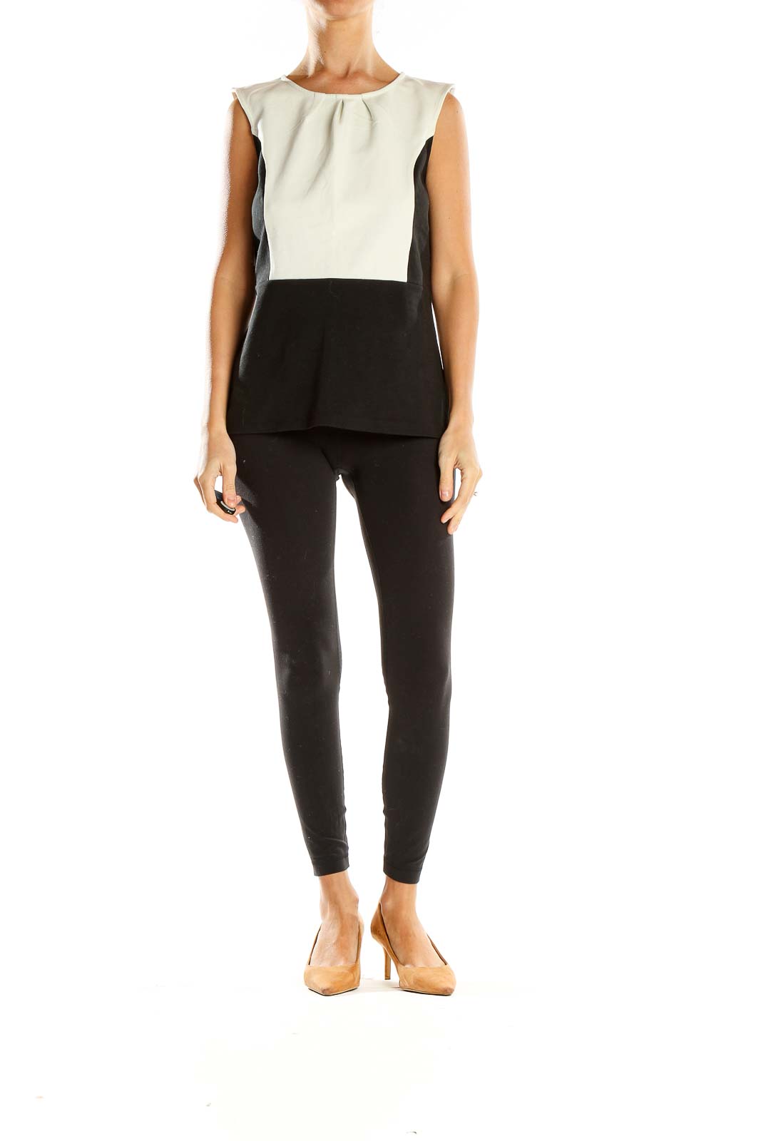 Front view of Ann Taylor black and white color block sleeveless top