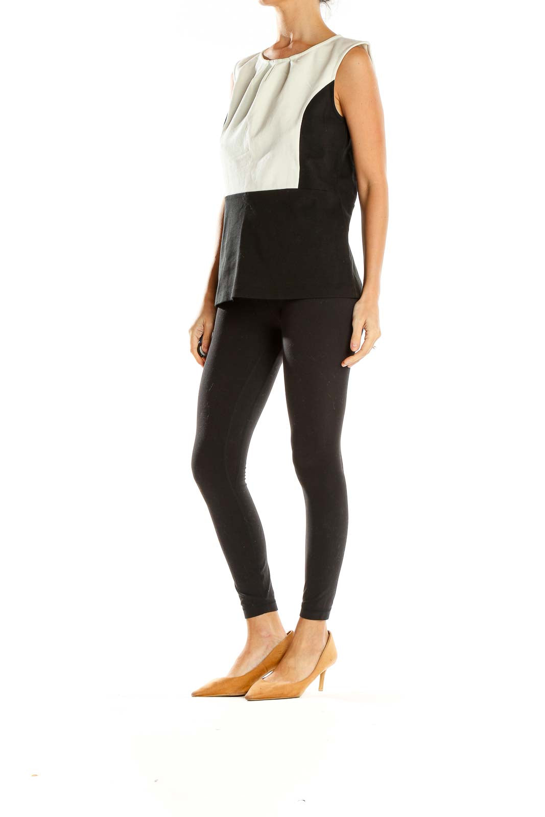 Front view of Ann Taylor black and white color block sleeveless top
