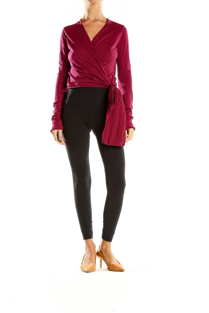 Front view of burgundy wrap-style cotton top by Velvet by Graham & Spencer