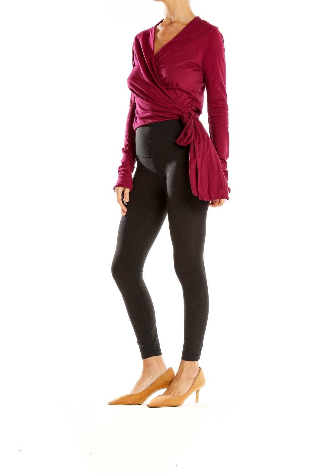 Front view of burgundy wrap-style cotton top by Velvet by Graham & Spencer