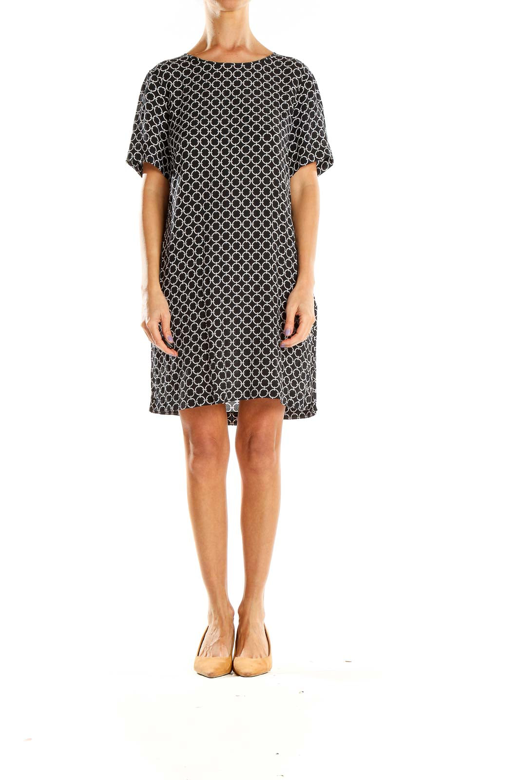 Front view of MICHAEL Michael Kors black geometric print shift dress