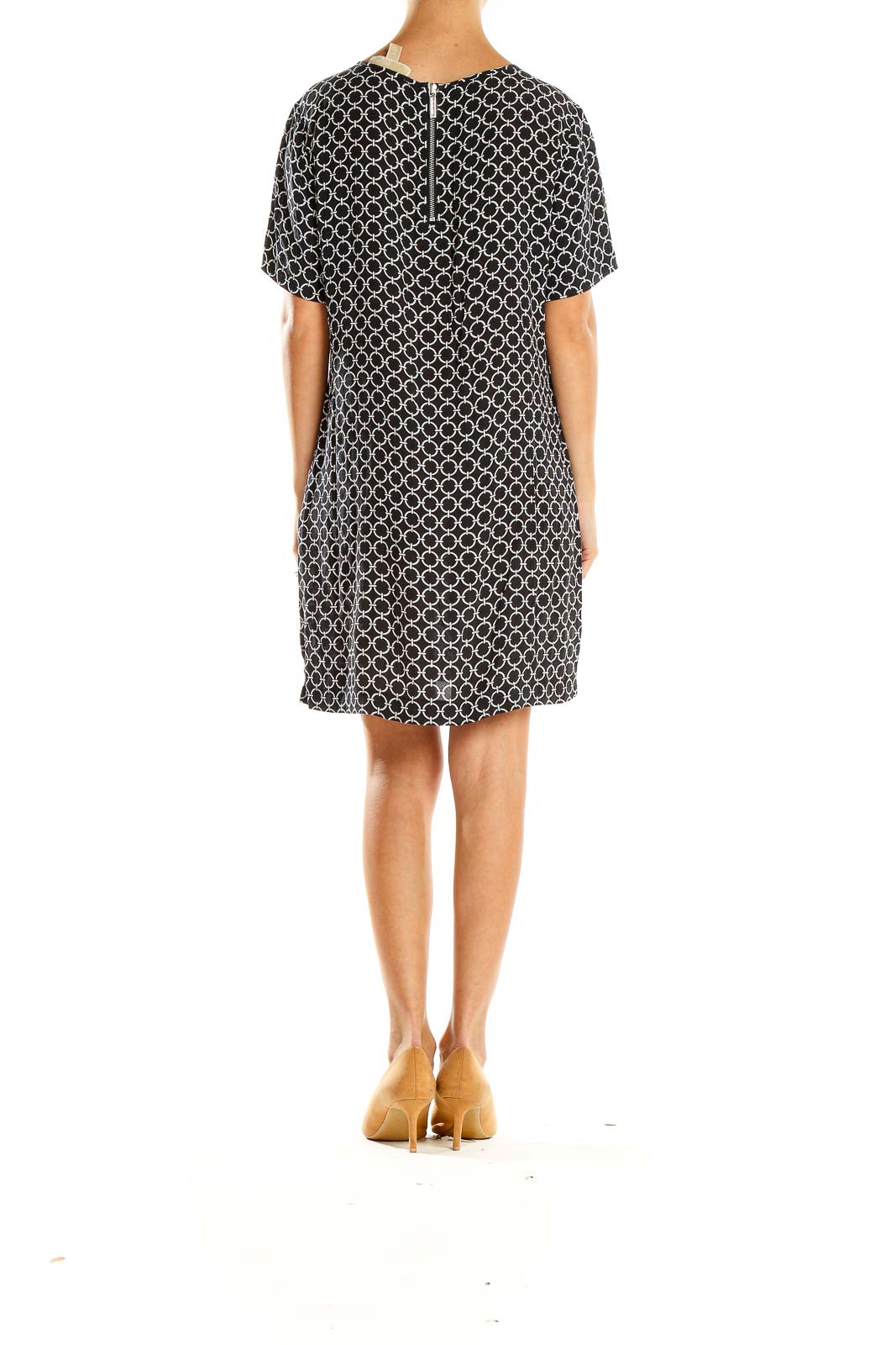 Side view of MICHAEL Michael Kors black geometric print shift dress