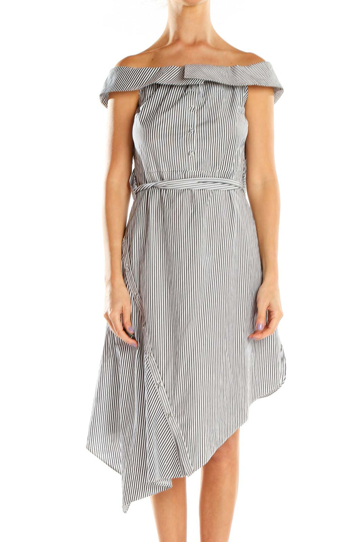 Front view of Intermix Black and White Striped Off-Shoulder Asymmetric Dress