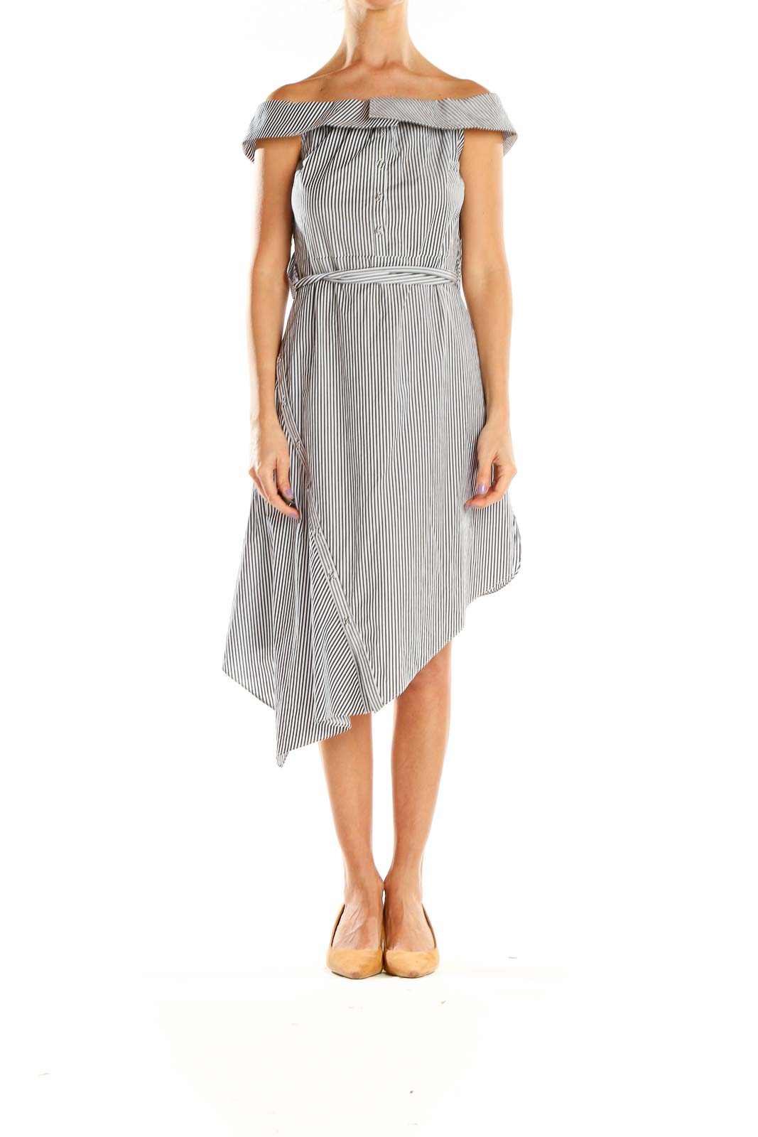 Front view of Intermix Black and White Striped Off-Shoulder Asymmetric Dress