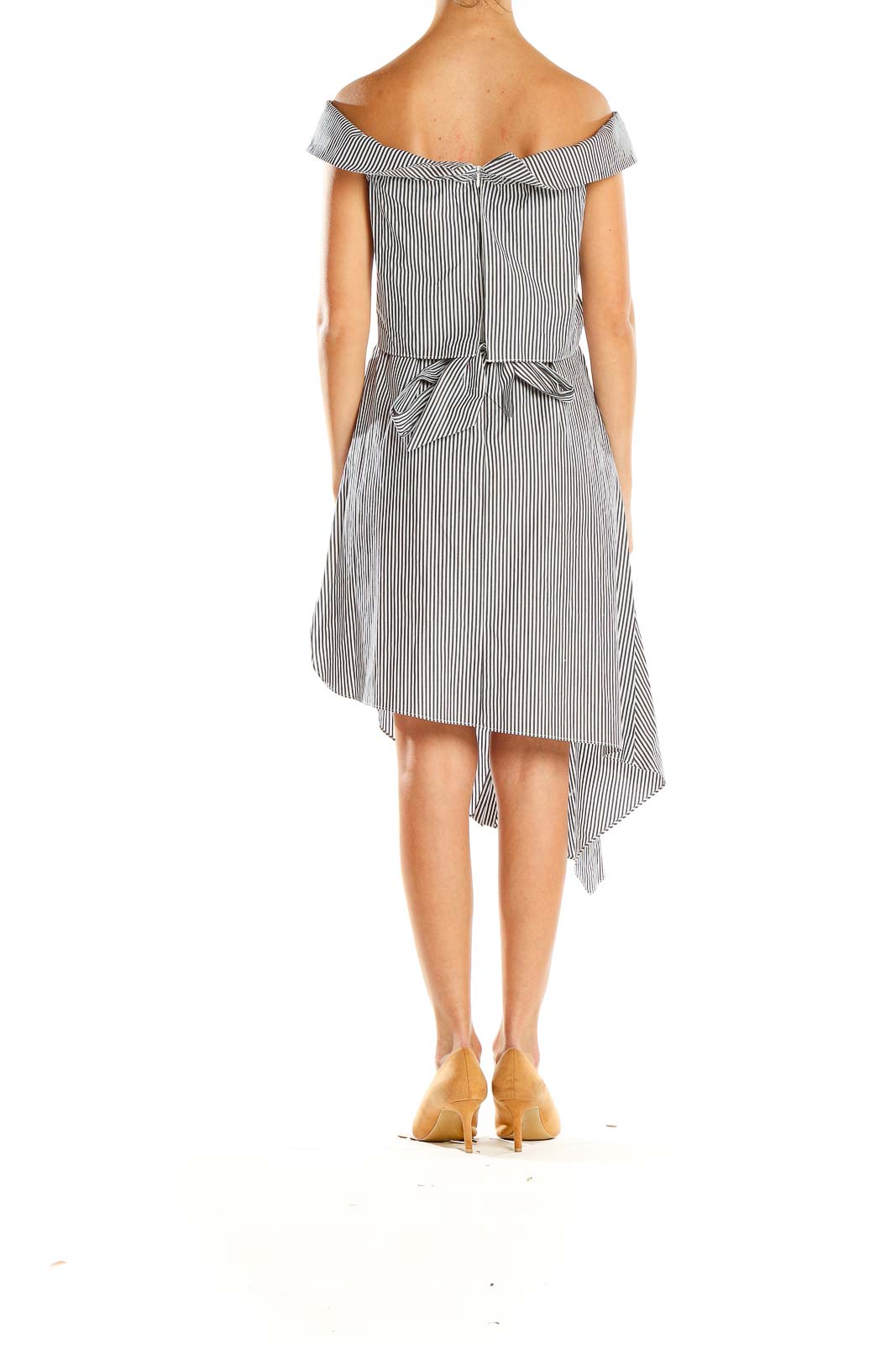 Side view of Intermix Black and White Striped Off-Shoulder Asymmetric Dress