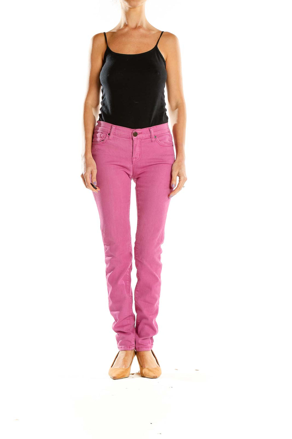 Front view of BDG pink straight leg jeans on model