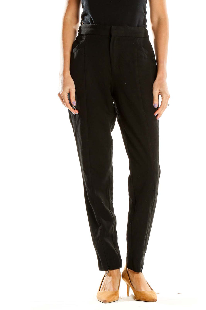 Front view of Gap black straight-leg trousers on model