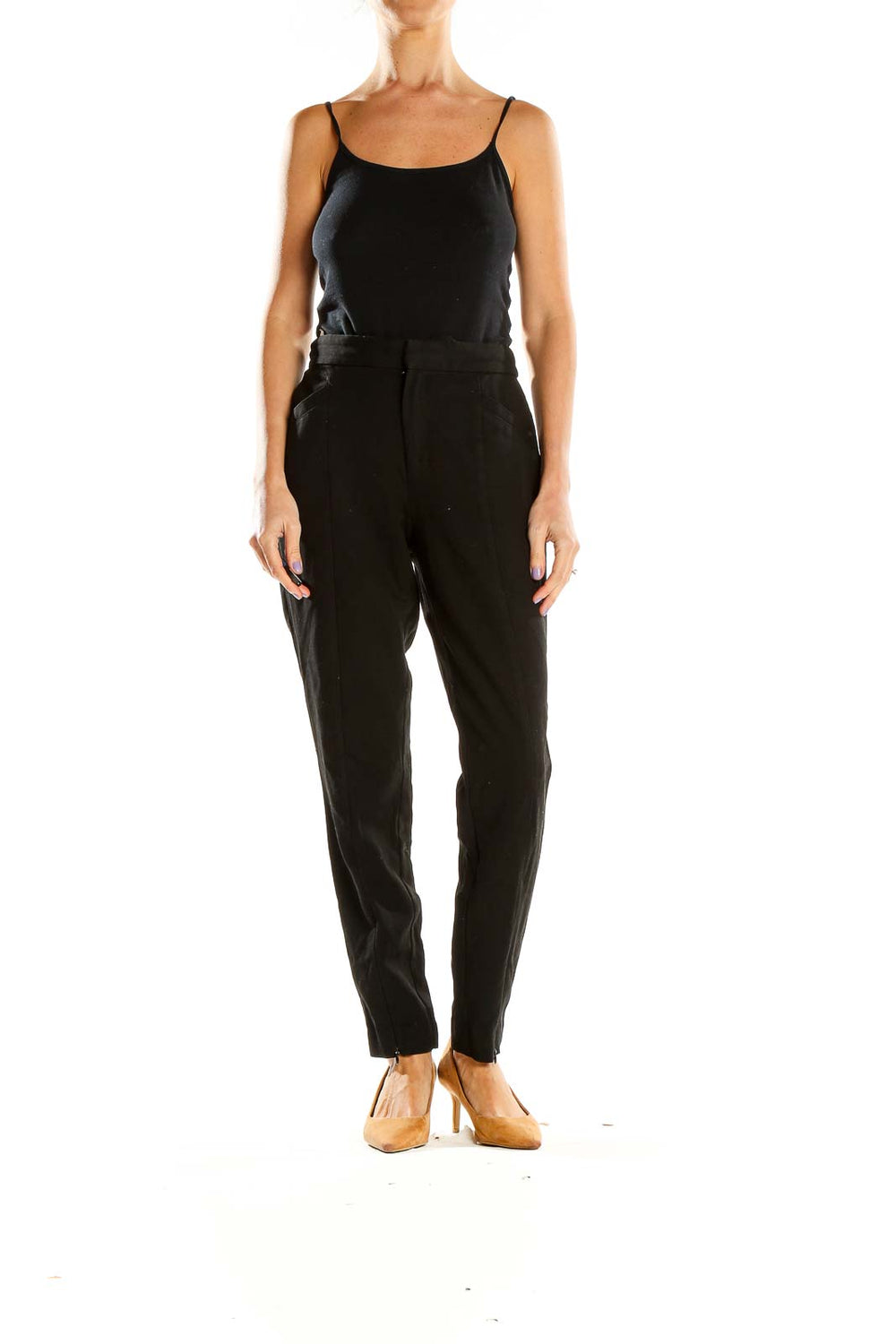 Front view of Gap black straight-leg trousers on model