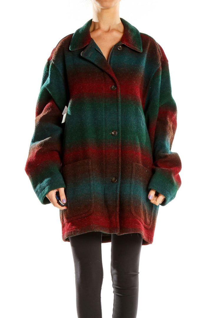 Front view of Lands' End green and red striped oversized coat