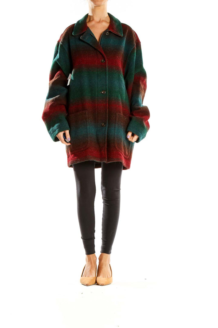 Front view of Lands' End green and red striped oversized coat