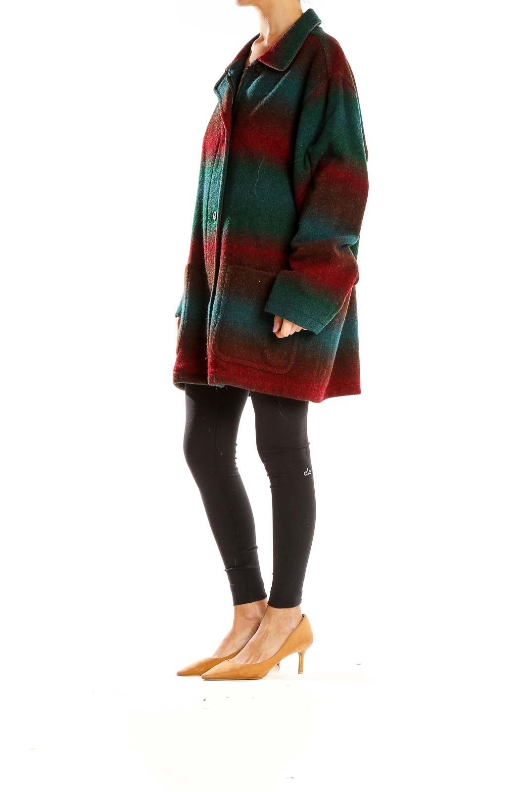 Front view of Lands' End green and red striped oversized coat