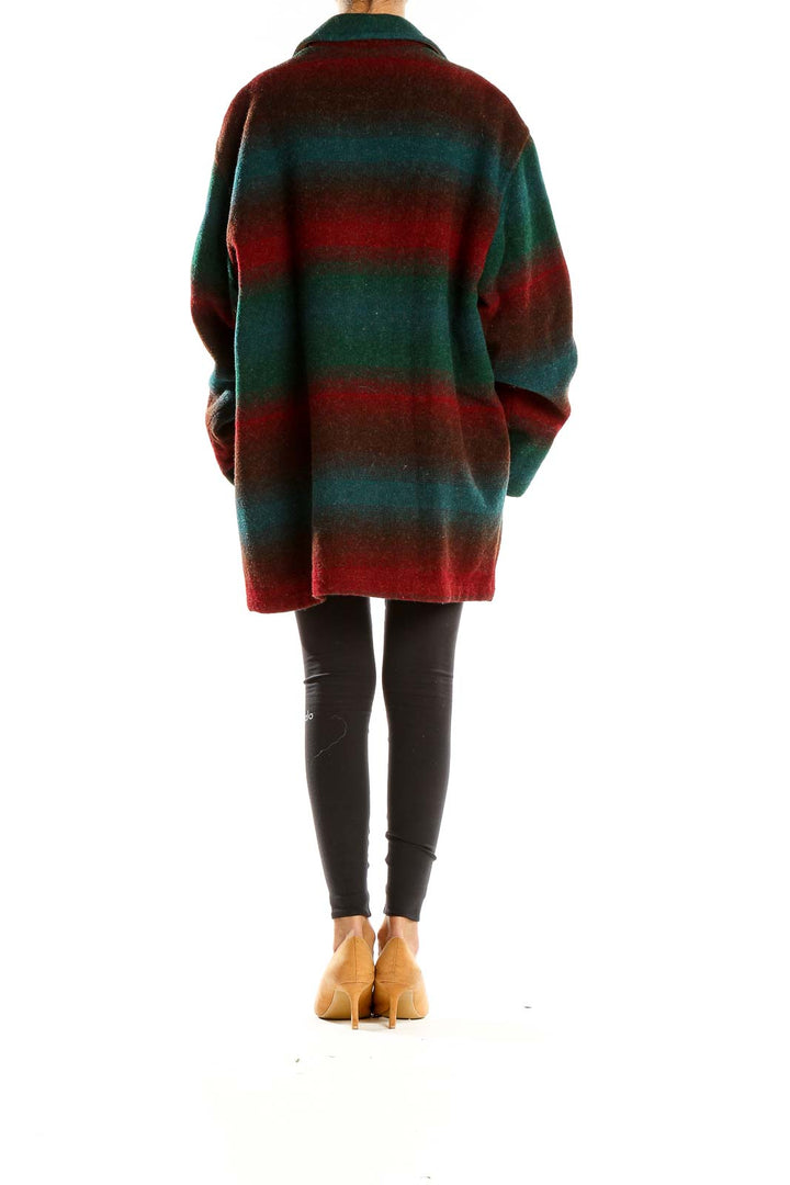 Side view of Lands' End green and red striped oversized coat on model