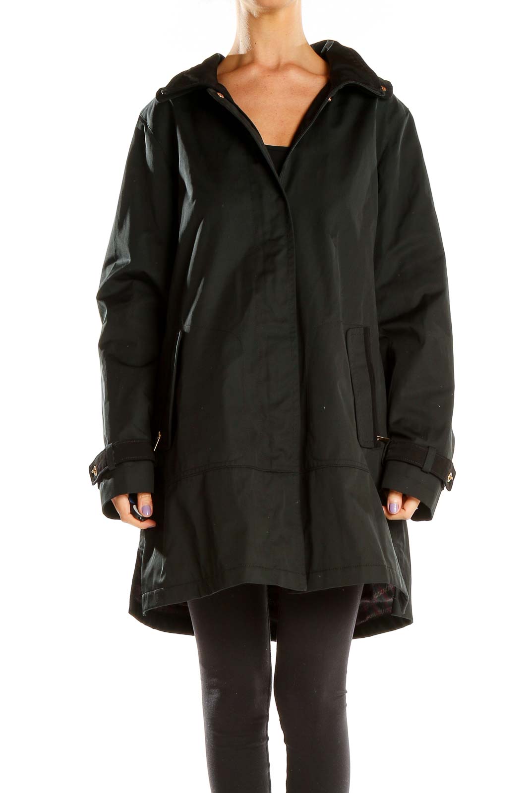 Front view of Jones New York black hooded trench coat on model