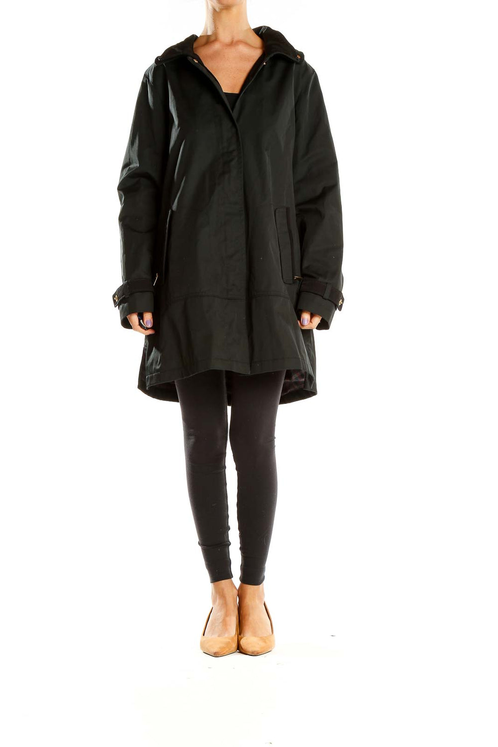 Front view of Jones New York black hooded trench coat on model